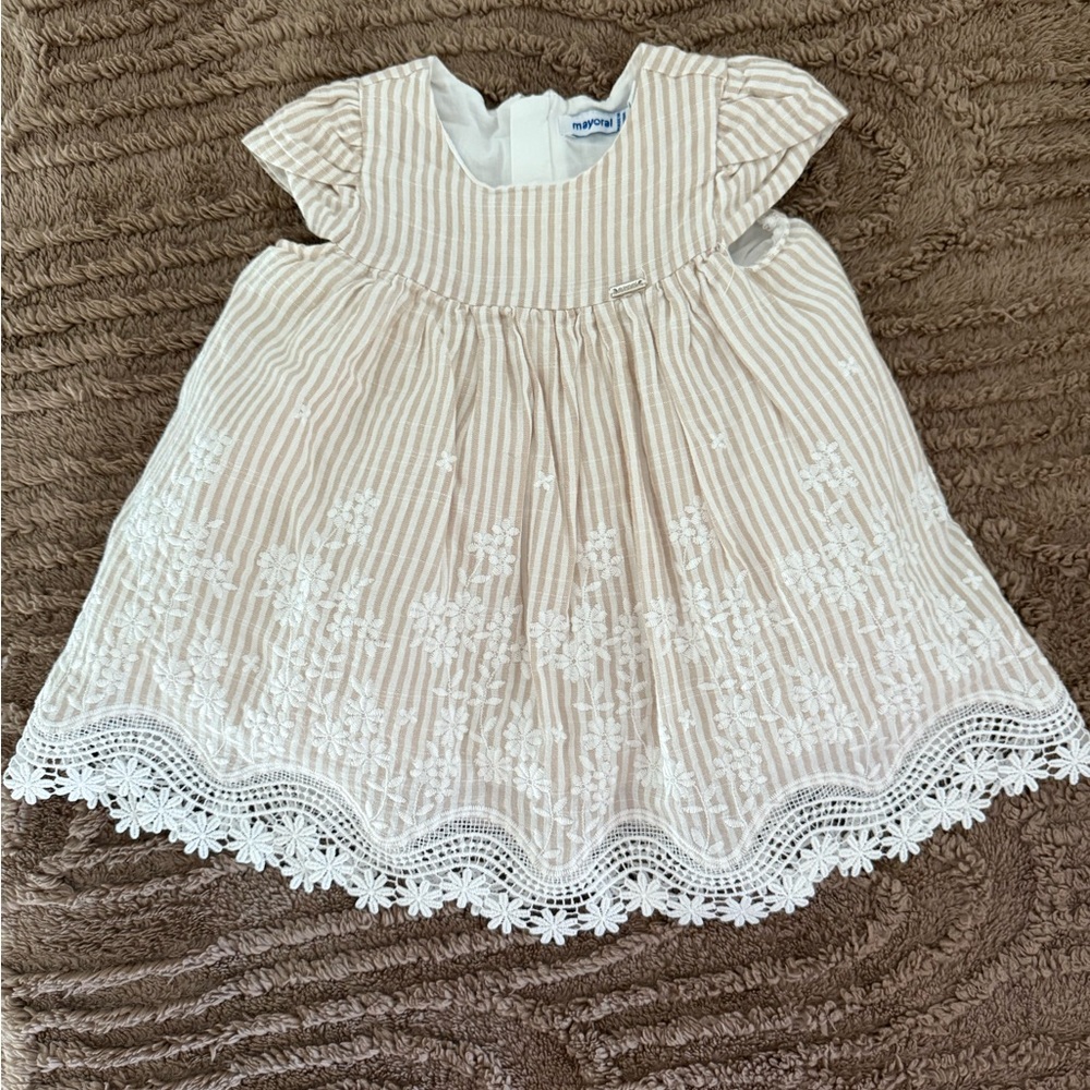 Mayoral Tan Babydoll Dress with Flutter Cap Sleeves